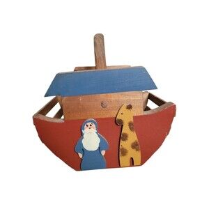 Noahs Ark Basket Wooden Hand Painted 10" X 7.5"